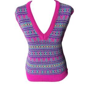 Vintage New Attitude Pink Fair Isle Knit Sweater Vest Size M V-Neck